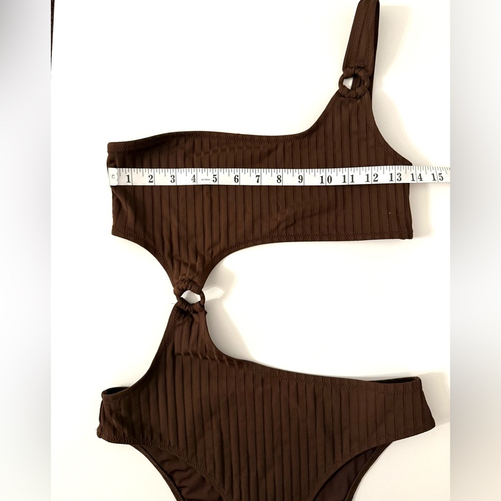 Aerie Wide Rib Cut Out One Shoulder Ring One Piece Swimsuit Brown Medium - Picture 7 of 13